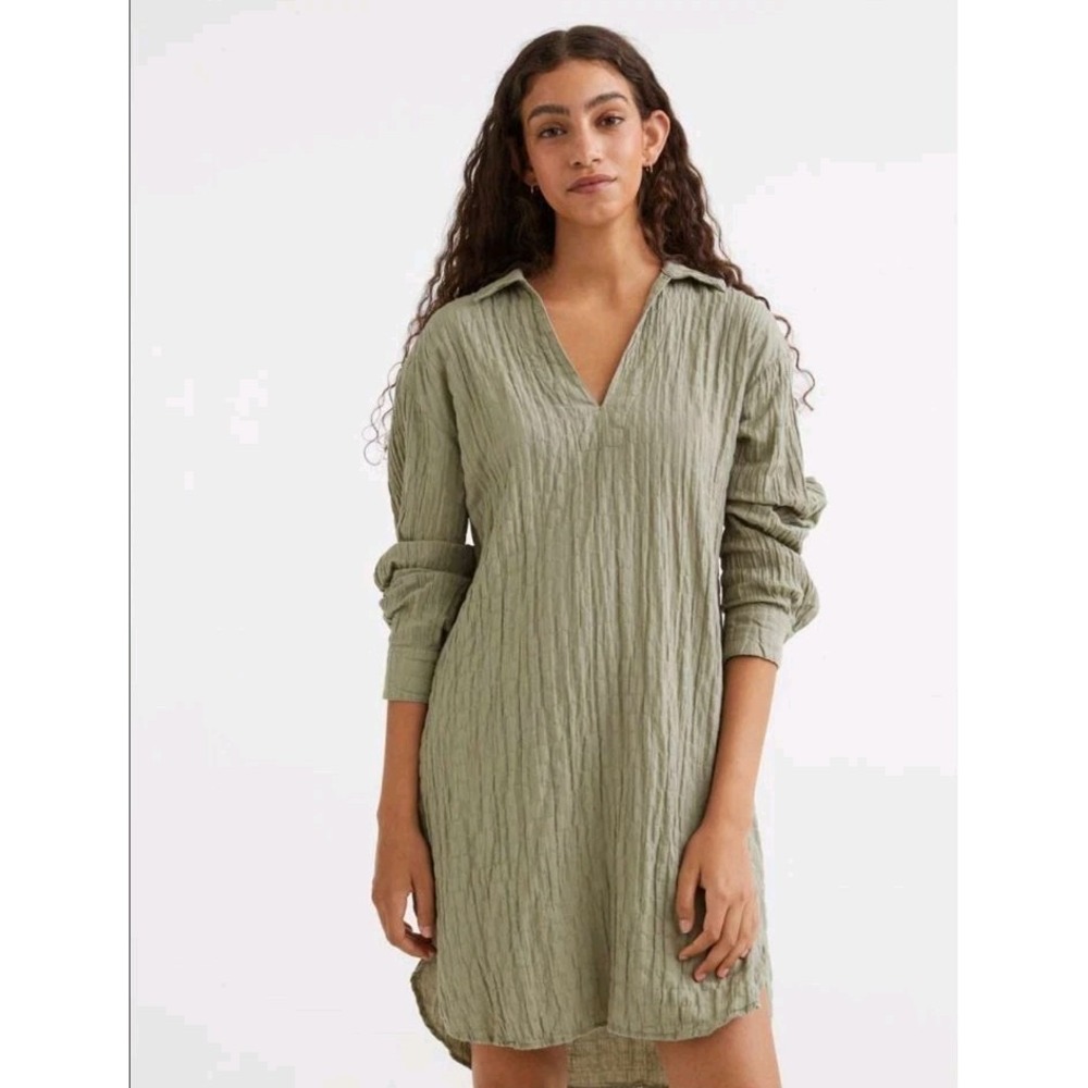 H&M Shirt Dress‎ Collared Green Crinkle XS Small Country Boho Textured